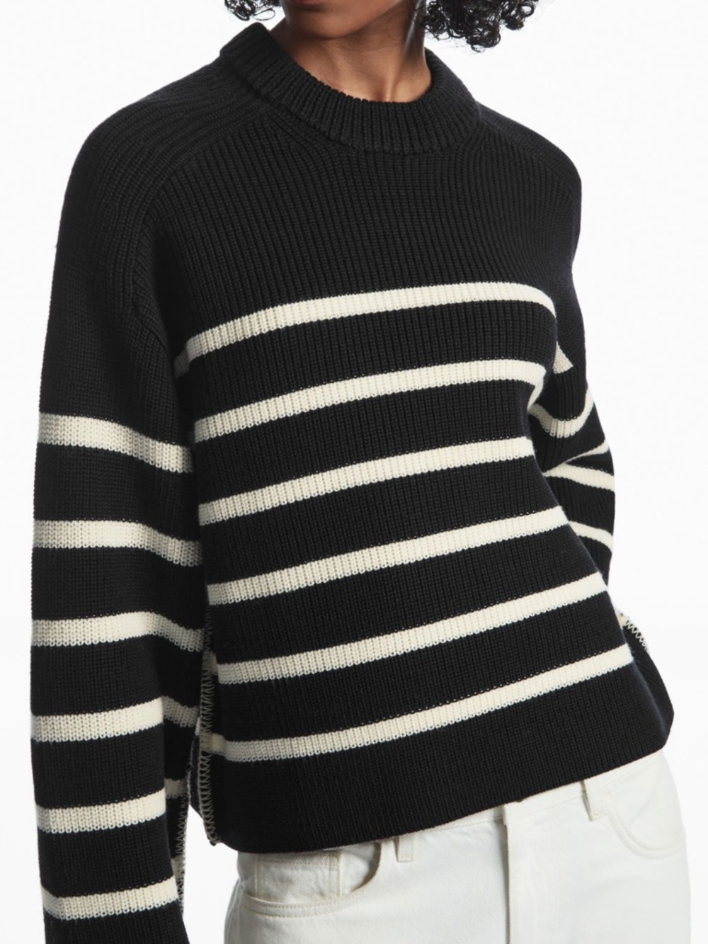 COS Marino Wool i& cotton blend Black and white Striped Crewneck sweater |XS